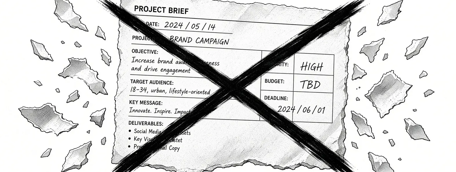Sketch: a project brief crossed out and torn